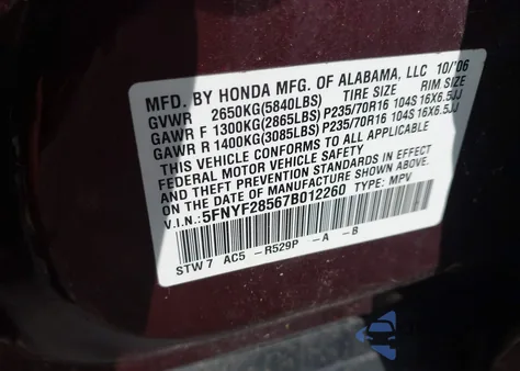 2007 Honda Pilot Ex-L z USA, uszkodzony, nr VIN 5FNYF28567B012260
